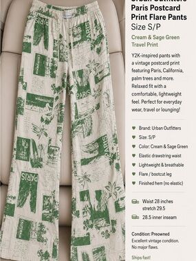 Like New Urban Outfitters  sz S Cream & Sage Green Postcard Print Pants
